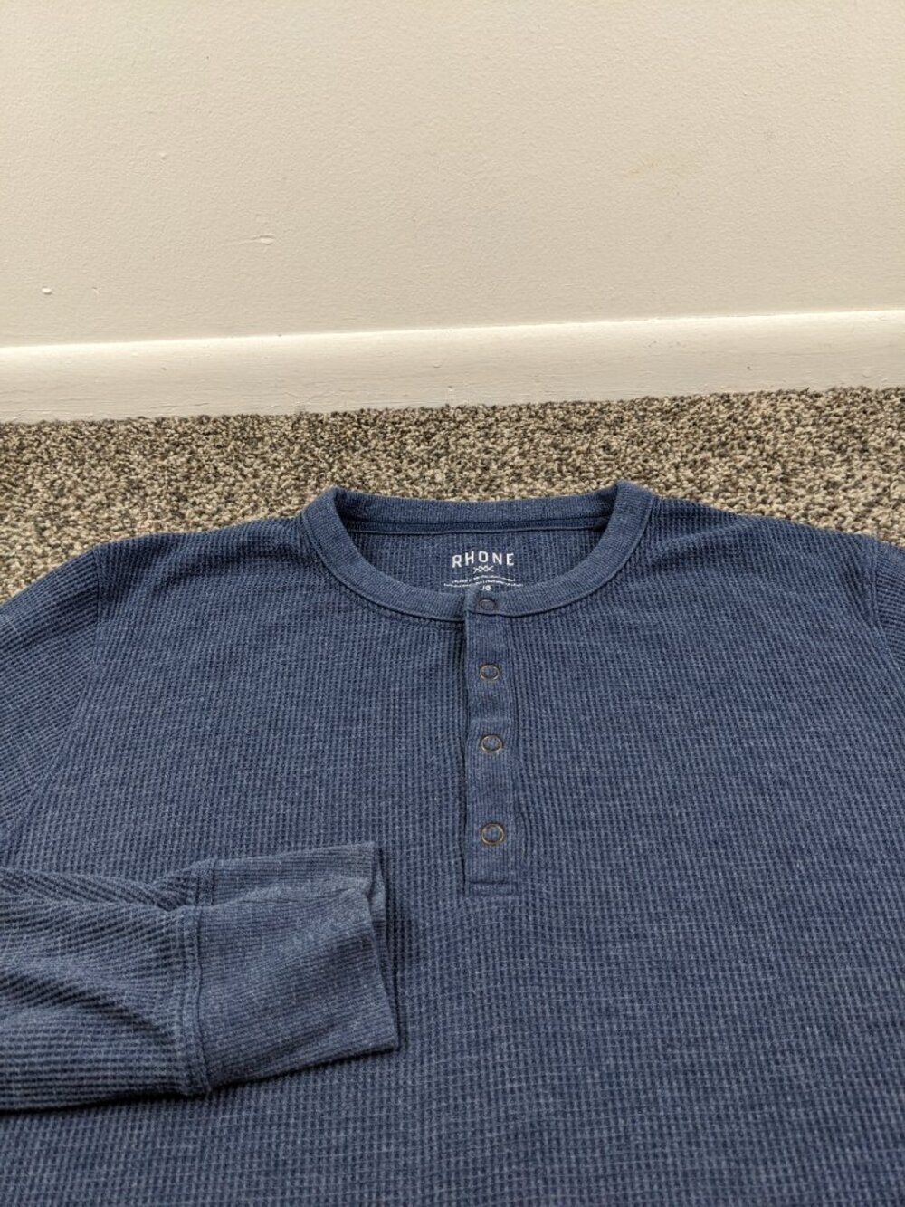 Rhone Henley Shirt Waffle Knit Long Sleeve Thermal Raglan Blue Mens Large